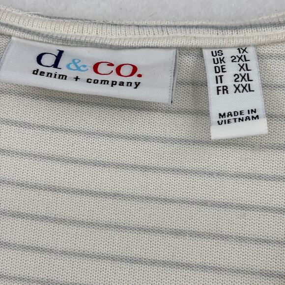 Denim & Co Jersey Knit Top Size 1X White Gray Stripe 3/4 Sleeve Pullover Stretch - Picture 3 of 8